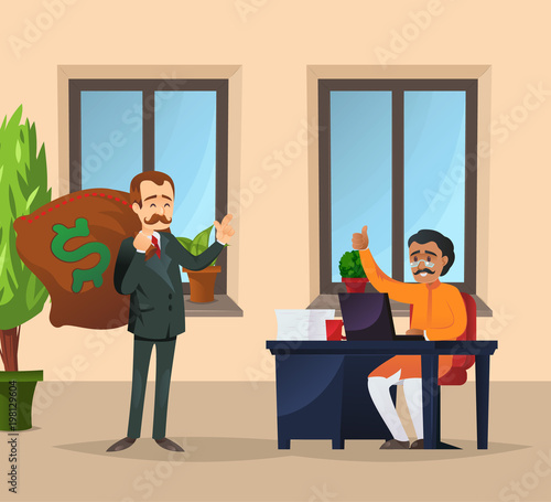 Finance investment banner with businessmen meeting. Successful investor with money bag in office of indian partner. Business cooperation and partnership, banking and money saving vector illustration.