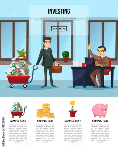 Finance investment banner with businessmen meeting. Successful young investor with money bags in truck in office of partner. Business cooperation and partnership, money saving vector illustration.