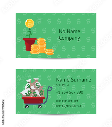 Investor businessman business card layout. Money flower, gold coins stacks and money bags in trolley truck on green background. Financial investment company corporate identity vector illustration.