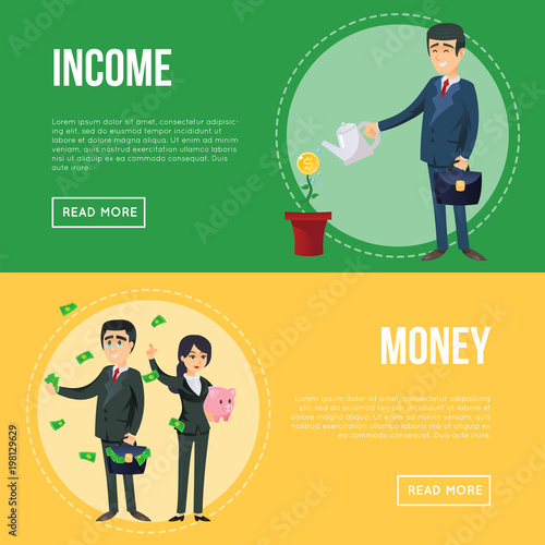 Income money flyers with successful businessmen. Man in business suit watering money flower and young investors standing under money falling. Business cooperation and partnership vector illustration.