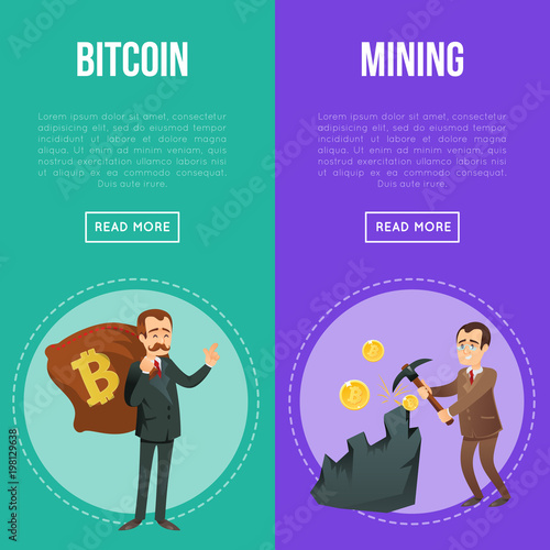 Cryptocurrency and blockchain technology flyers. Happy businessman with big money bag and miner with pickaxe mining gold coins. Bitcoin digital money mining, financial success vector illustration.