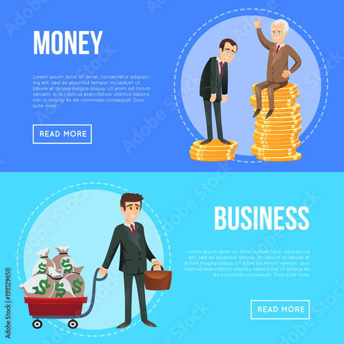 Finance investment flyers with sad and happy businessmen on golden coins stacks, successful investor with money bags in truck. Boost business productivity, banking and money saving vector illustration