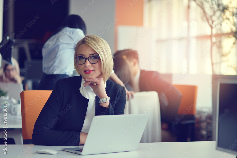 Portrait of a blonde female business partner in her 30's sitting at her tidy desk in front of her computer. Portrait of a blonde female business partner in her 30's sitting at her tidy desk in front of her computer.