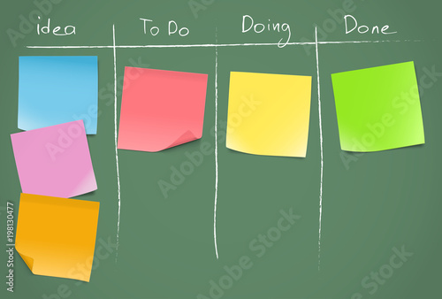 Set of blank paper notes on kanban board. Vector illustration. EPS10.