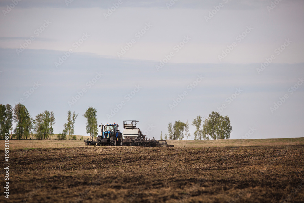 Fototapeta premium a tractor with a trailer plowing field for sowing of agricultural machinery is preparing for a new crop.