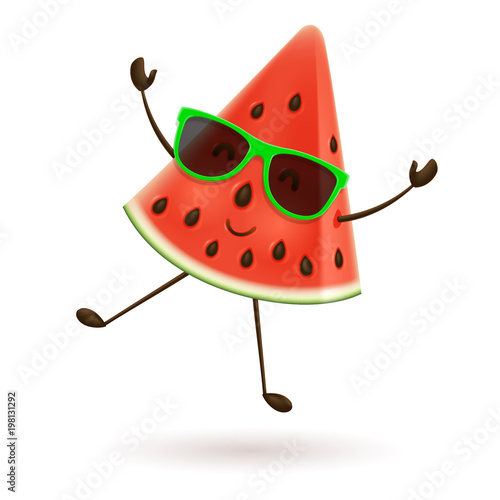 Cute watermelon character jumping. Vector illustration of cartoon slice of tropical fruit.