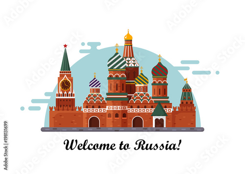 Welcome to Russia. St. Basil s Cathedral on Red square. Kremlin palace isolated on white background - vector stock flat illustration. Landscape design