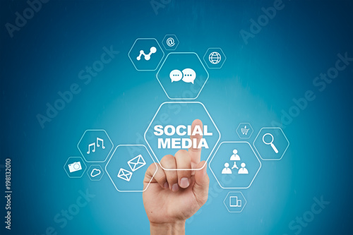Social media concept on virtual screen. SMM. Marketing. Communication and internet technology.