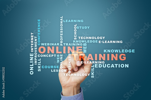 Online training on the virtual screen. Education concept. Words cloud.