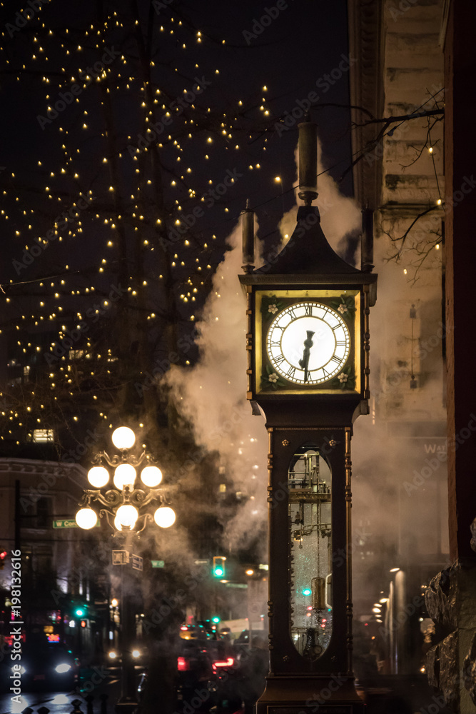 Steam Clock in Gastown, Vancouver, Canada at Night time. It's Gastown's