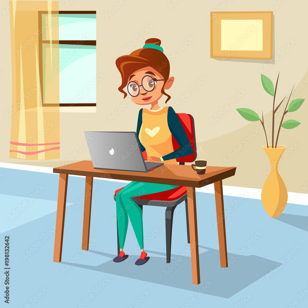 Vector cartoon girl sitting at cozy workplace desk typing laptop Vector cartoon girl sitting at cozy workplace desk typing laptop