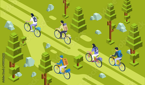 Vector isometric tourists men women cycling together, travelling by bicycle bags for camping on forest, park summer green landscape with 3d trees, grass. Healthy eco family characters transportation