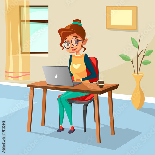 Vector cartoon girl sitting at cozy workplace desk typing laptop. Student education, freelance distant remote work. Illustration with female modern designer, blogger character home interior background