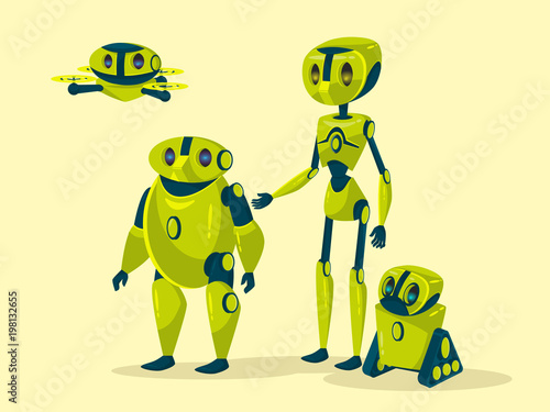 Vector cartoon green robots set. Humanoid cyborgs with body, arms, legs, flying drone plane and crawler track wheel small futuristic bot. Illustration artificial intelligence android for game design