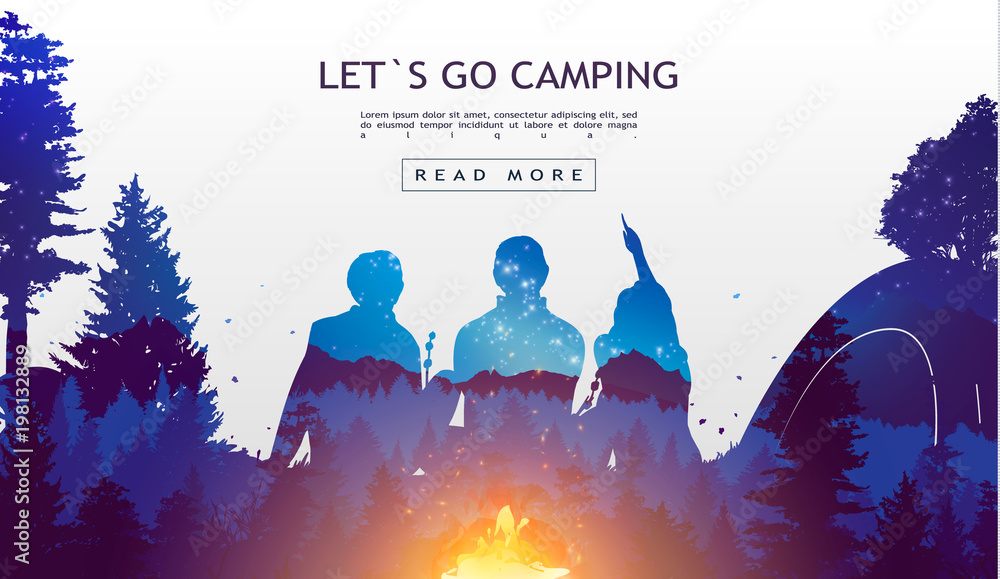 People camping, adventure and travel concept, beautiful forest, mountain and sky, double exposure, vector illustration. - obrazy, fototapety, plakaty 