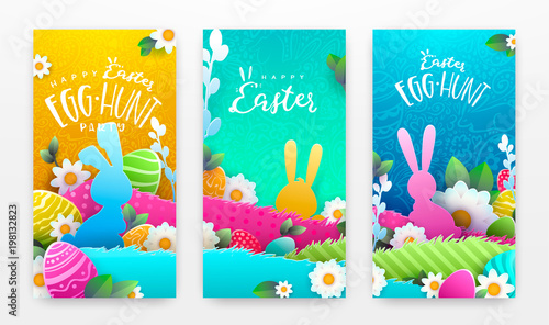 Happy Easter background, trendy pattern with Egg Hunt, rabbit ears. Spring holiday flyers, banners, posters and templates design. Vector illustration.