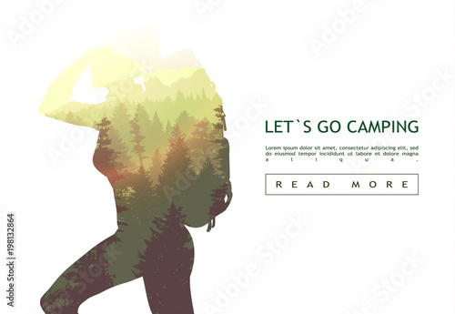 People camping, adventure and travel concept, beautiful forest, mountain and sky, double exposure, vector illustration.