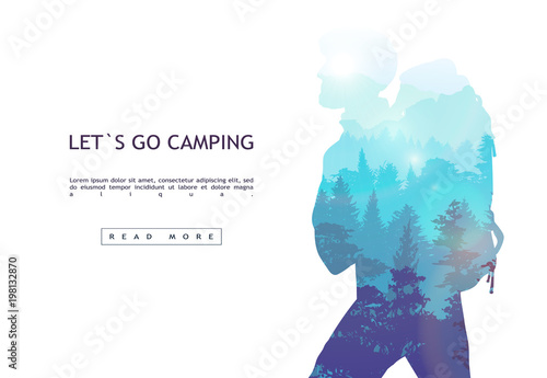 People camping, adventure and travel concept, beautiful forest, mountain and sky, double exposure, vector illustration.