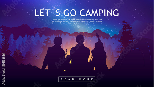 People camping, adventure and travel concept, beautiful forest, mountain and sky, double exposure, vector illustration.