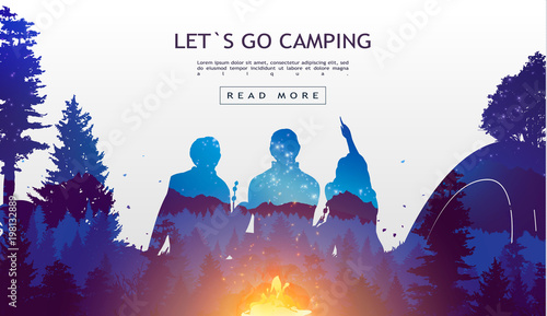 Fotografia People camping, adventure and travel concept, beautiful forest, mountain and sky, double exposure, vector illustration