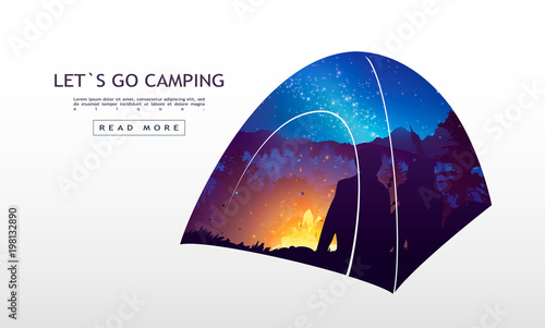 People camping, adventure and travel concept, beautiful forest, mountain and sky, double exposure, vector illustration.
