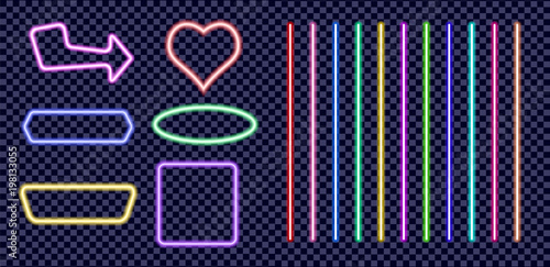 Set of neon colored frames. Vintage electric signboard with bright neon lights isolated on transparent background.