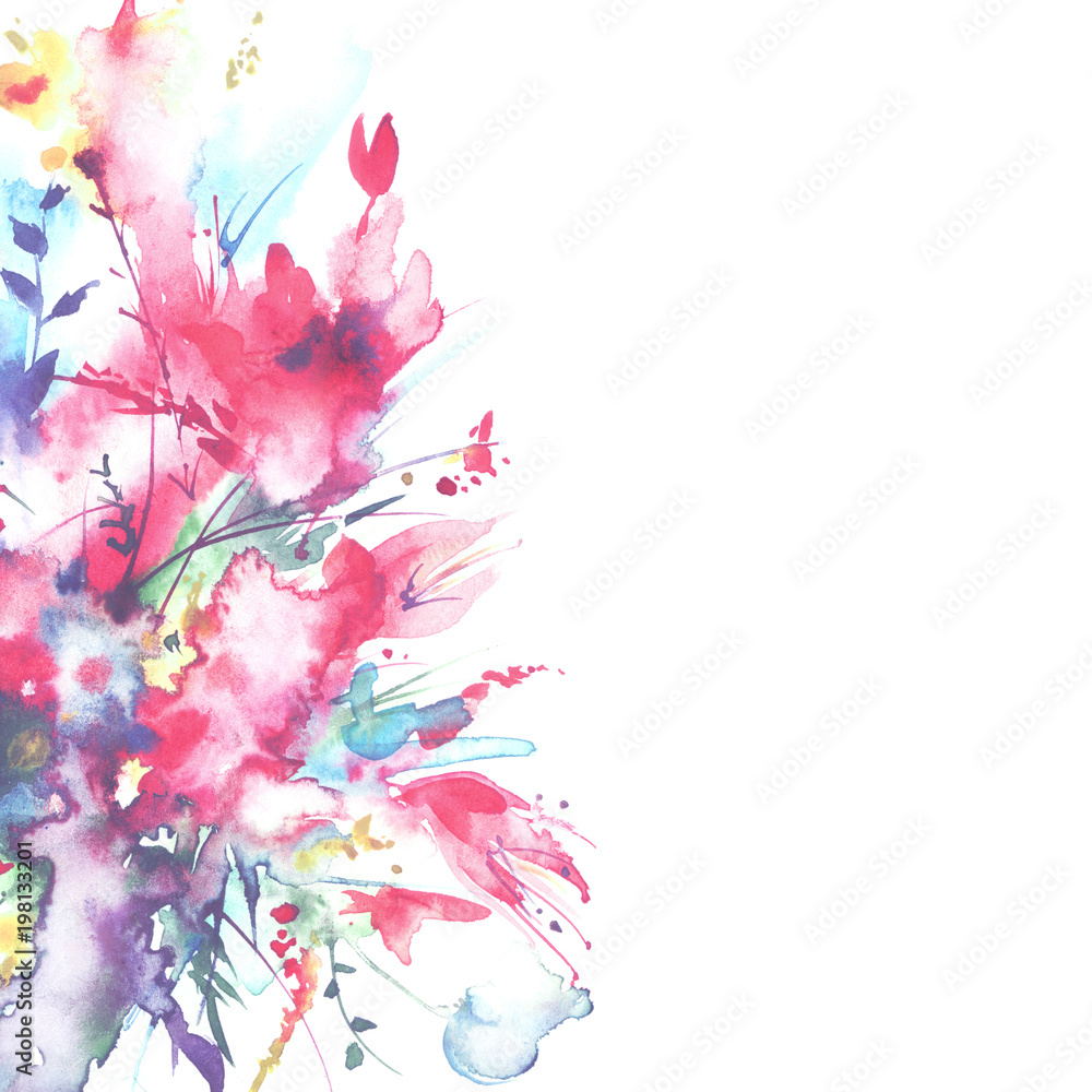Watercolor bouquet of flowers, Beautiful abstract splash of paint, fashion illustration. Orchid flowers, poppy, cornflower, red gladiolus, peony, rose, field or garden flowers. Watercolor postcard. Watercolor bouquet of flowers, Beautiful abstract splash of paint, fashion illustration. Orchid flowers, poppy, cornflower, red gladiolus, peony, rose, field or garden flowers. Watercolor postcard.