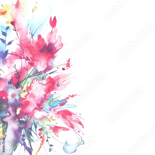 Watercolor bouquet of flowers  Beautiful abstract splash of paint  fashion illustration. Orchid flowers  poppy  cornflower  red gladiolus  peony  rose  field or garden flowers. Watercolor postcard.