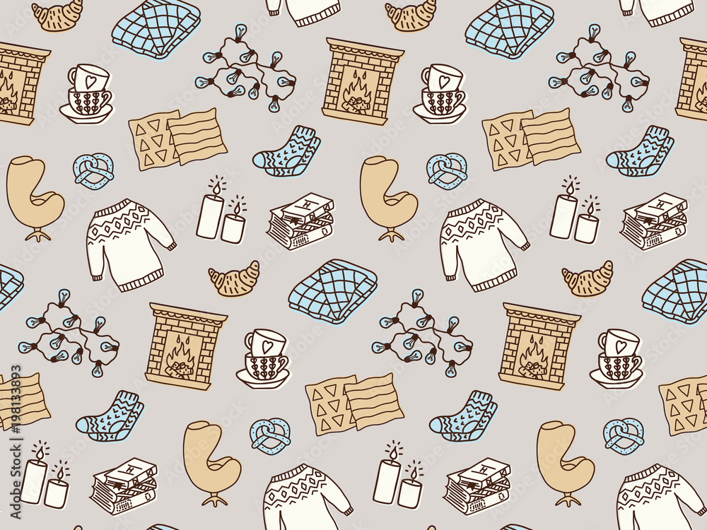 Seamless pattern with Hygge concept and cozy home things like candles,  socks, blanket, tea, fireplace. Danish living concept. Vector wallpaper.  Stock Vector