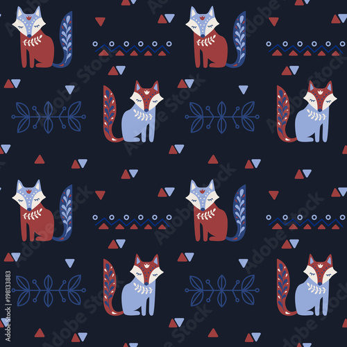 Scandinavian seamless vector folk pattern with fox and decorative elements. Vector repetitive background.