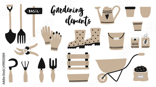 Vector illustration of garden tool elements : spade, fork, wheelbarrow, watering can, garden gloves, rubber boots, wooden box, seeds, bucket, pruner, soil. Cartoon simple design of gardening icons.