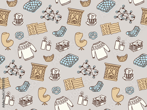 Seamless pattern with Hygge concept and cozy home things like candles, socks, blanket, tea, fireplace. Danish living concept. Vector wallpaper.
