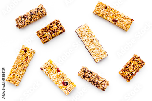 Granola bars for healthy nutritious breakfast. White background top view