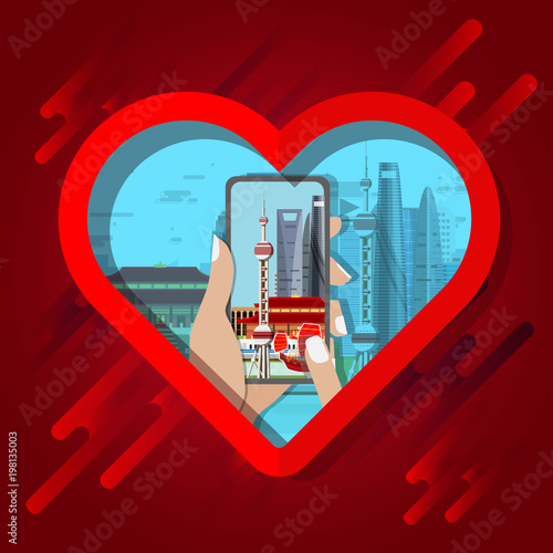 Travel infographic.Shanghai infographic, welcome to China.Smartphone in heart frame concept.