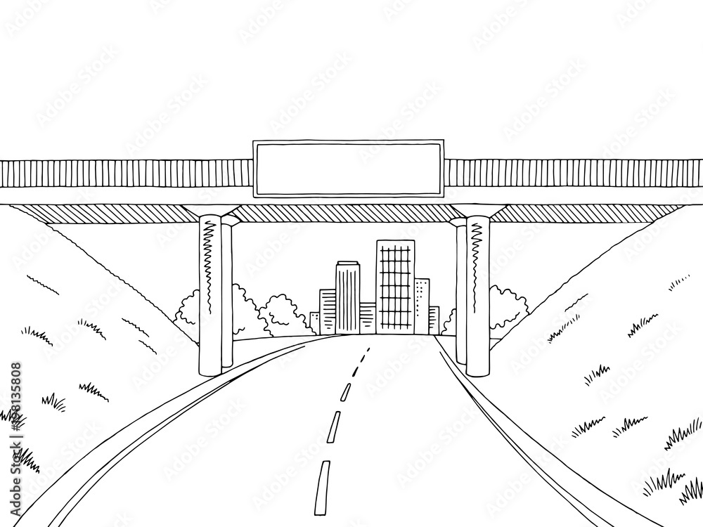 Road bridge graphic black white landscape city sketch illustration vector