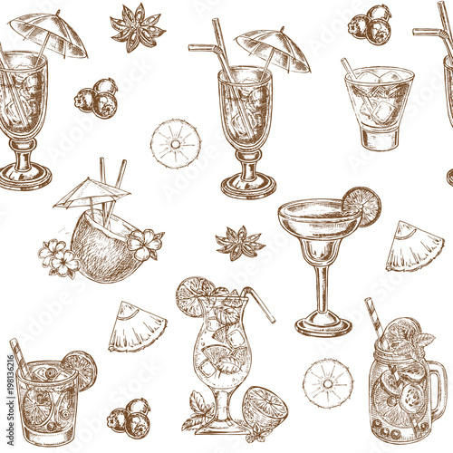 hand drawn sketch illustration cocktails seamless pattern