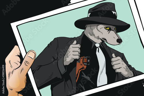 Confident cool man with gun. Wolf is a boss of mafia. People in images of animals.