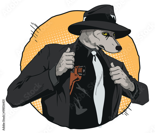 Confident cool man with gun. Wolf is a boss of mafia. People in images of animals.