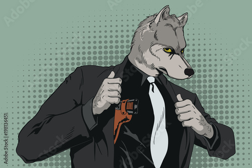 Confident cool man with gun. Wolf is a boss of mafia. People in images of animals.