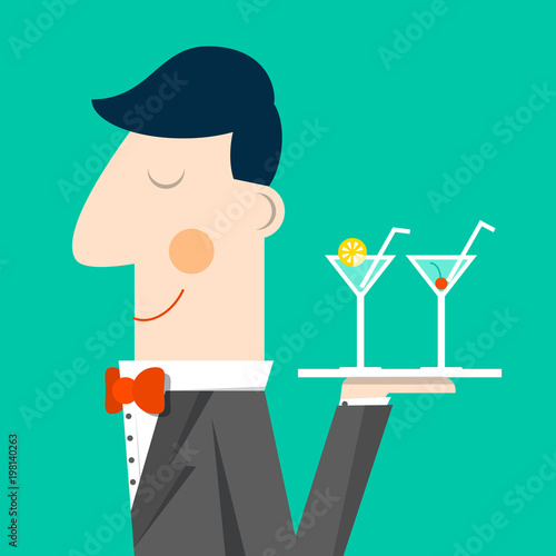 Waiter in Tuxedo with Alcohol Drinks on Plate. Party or Restaurant Vector Flat Design Illustration.