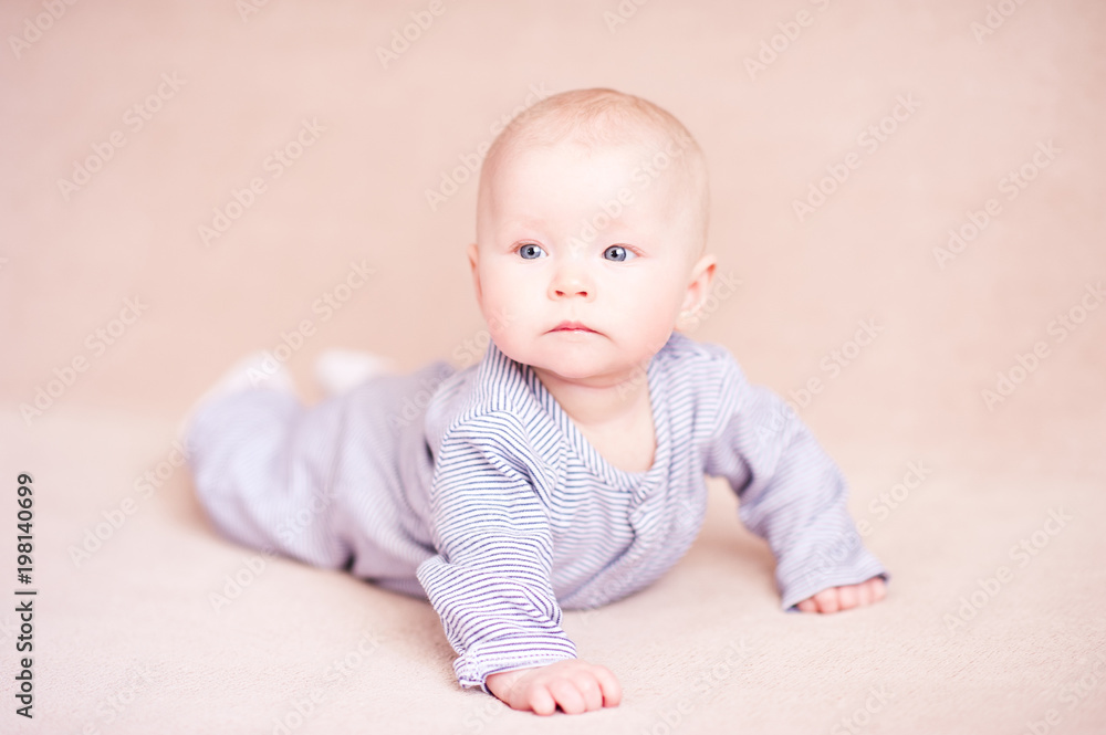 Cute baby crawling in bed. Good morning. Cute baby crawling in bed. Good morning.