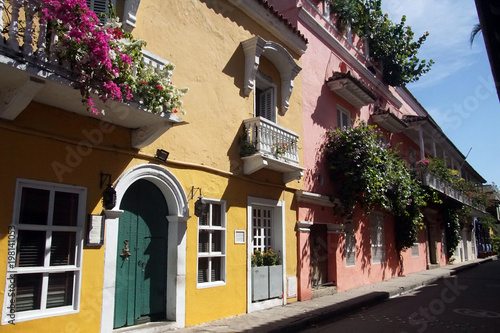 Yellow ochre colonial building with flowers photo