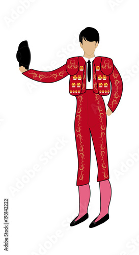 Bullfighter with red lightsuit and cap in hand