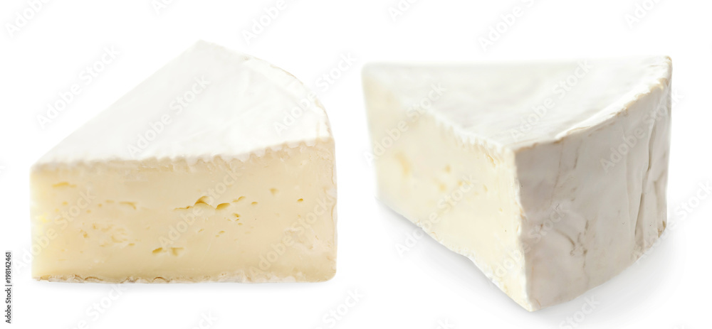 Piece of camembert cheese isolated on white background close up. Fresh soft cheese.