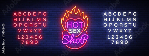 Sex shop logo in neon style. Design Pattern, Hot Sex Shop Neon sign, Light banner on the theme of sex industry, Bright neon advertising for your projects. Vector illustration. Editing text neon sign