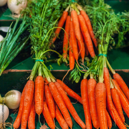 Organic carrot on market stall at organic farmers grocery store