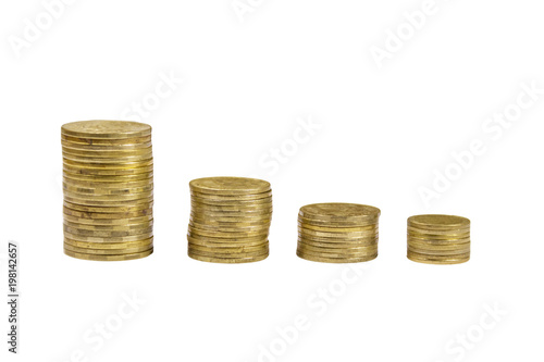 Stacks of golden coins isolated on white background