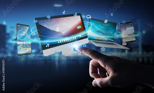 Businessman connecting tech devices and icons applications 3D rendering