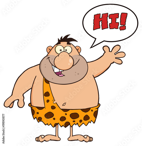 Funny Caveman Cartoon Character Waving With Speech Bubble. Illustration Isolated On White Background