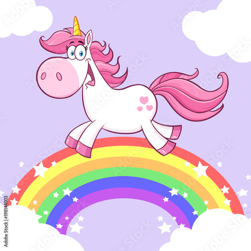 Cute Magic Unicorn Cartoon Mascot Character Running Around Rainbow With Clouds. Illustration With Background